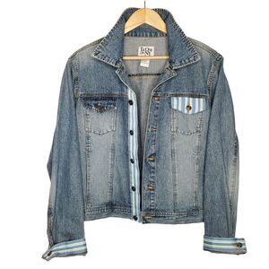 Womens Blue Denim Trucker Jean Jacket XL Striped Ribbon Accent Pocket Cuffs